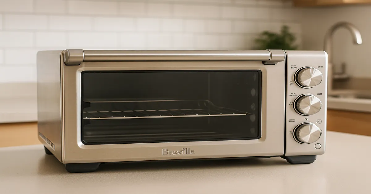 Clean Breville toaster oven on a light kitchen counter with stainless steel finish and modern background.
